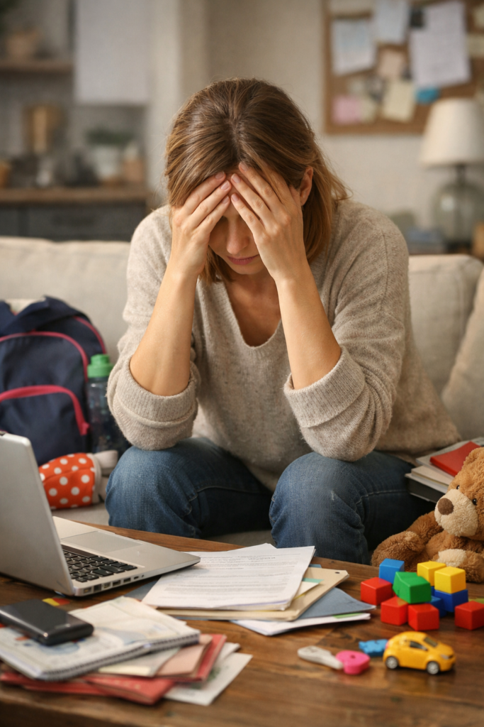maman fatiguée par la charge mentale entourée d’objets du quotidien